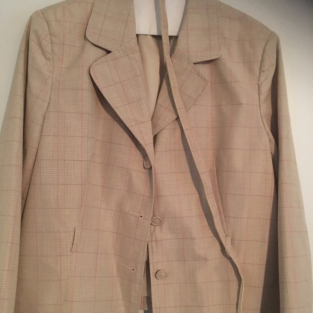 Adorable tan jacket with pink stripes, belted
